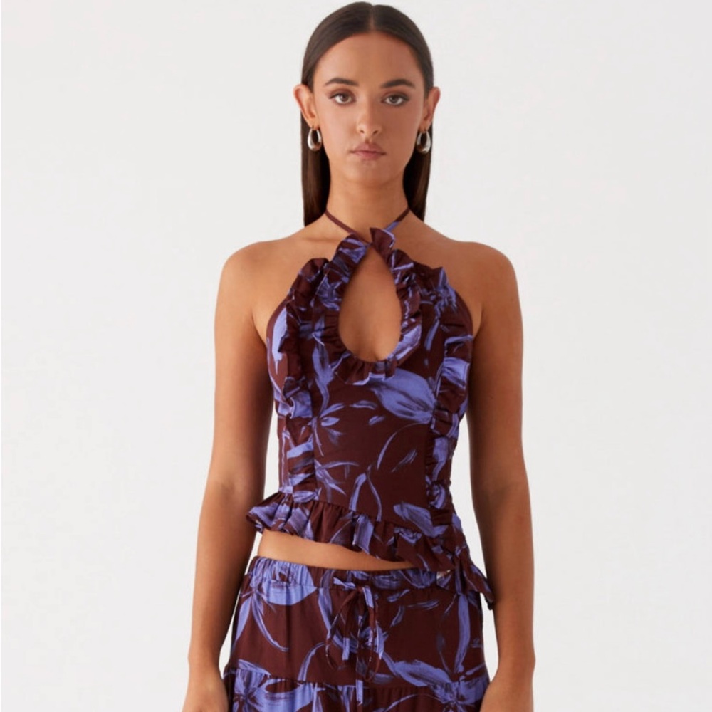 Peppermayo Mariella Linen Top Purple and Brown Floral